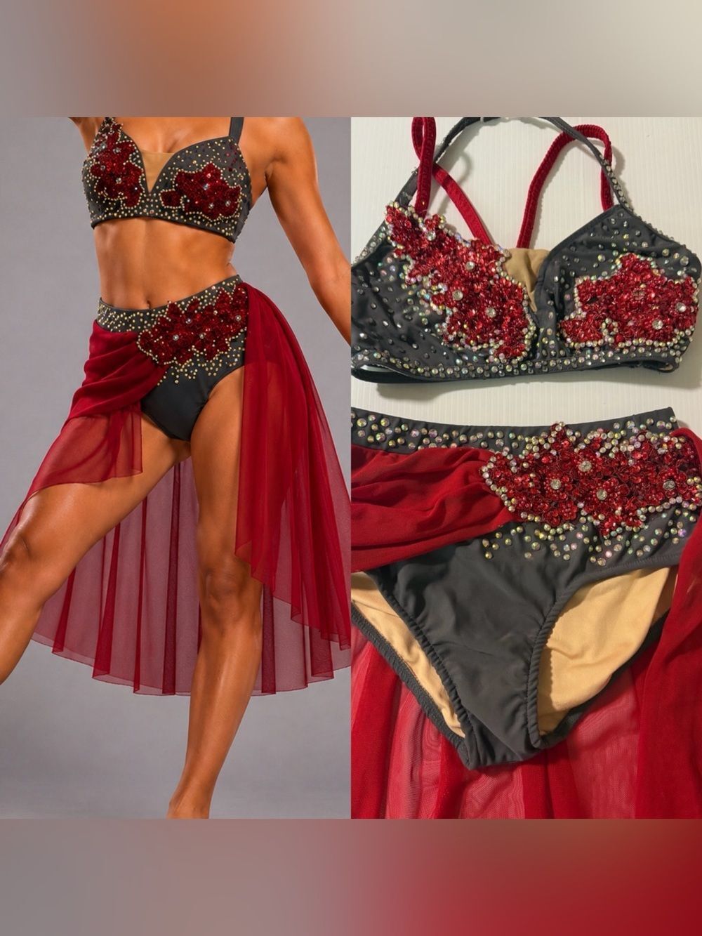 Glamour solo 2 piece dance costume red gray lyrical embellished bling XSA adult